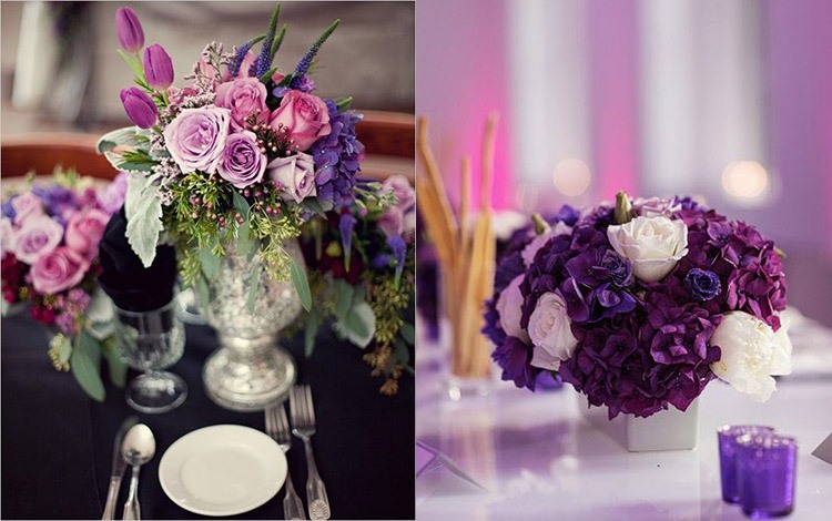 Декорирование стола на свадьбе в аметистовом цвете